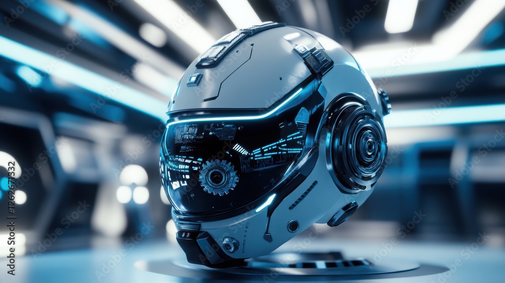 Futuristic helmet displayed in a high-tech environment with glowing features and intricate details highlighting advanced technology Futuristic helmet displayed in a high-tech environment with glowing features and intricate details highlighting advanced technology
