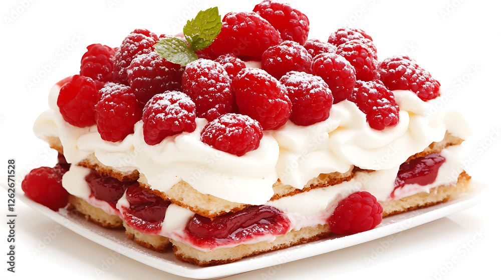 Delicious Raspberry Layer Cake Delight Topped with Cream and Mint Sprig Refreshing Dessert