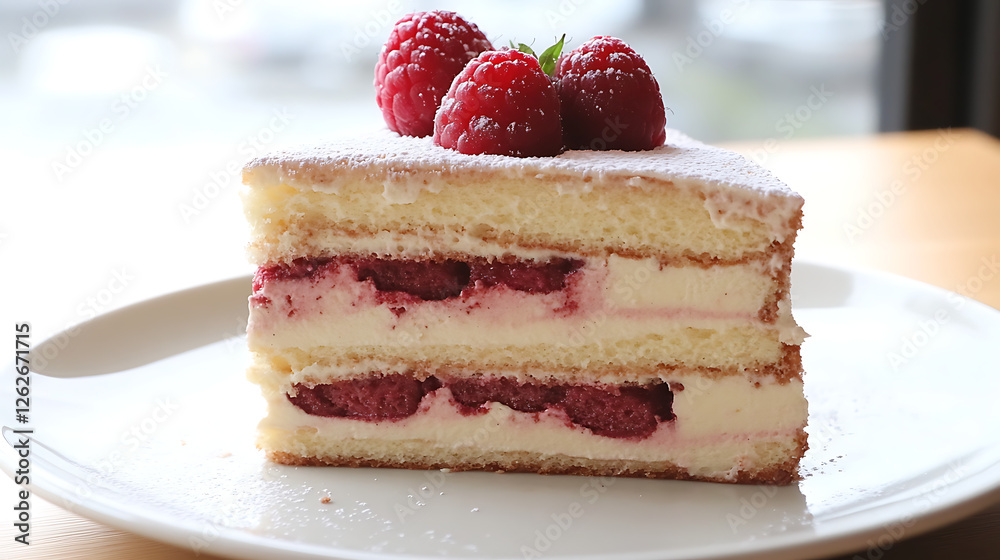 Delicious Raspberry Layer Cake Slice Dusted with Powdered Sugar on White Plate Dessert Treat