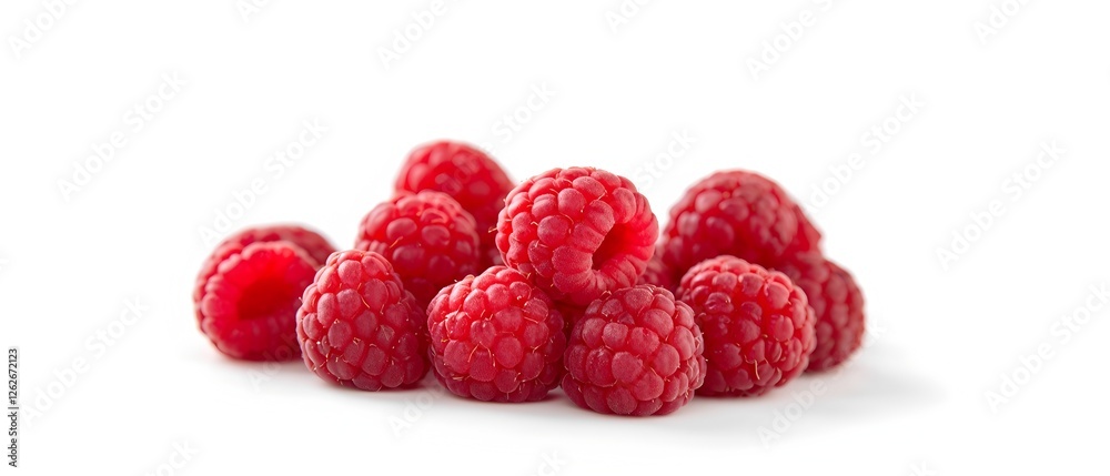A vibrant cluster of fresh, red raspberries arranged against a clean white background. A vibrant cluster of fresh, red raspberries arranged against a clean white background.