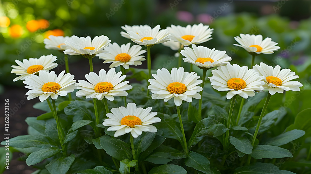 Obraz premium White daisies bloom in a garden, sunny day