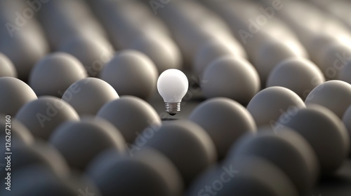 A lone blue light bulb distinguishes itself amidst regular forms, representing simplicity and creativity