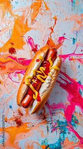 A dynamic hotdog with sauce splash, USA flag accents, vivid artwork, promotional graphic design, HDRIs, ultra-detailed photo