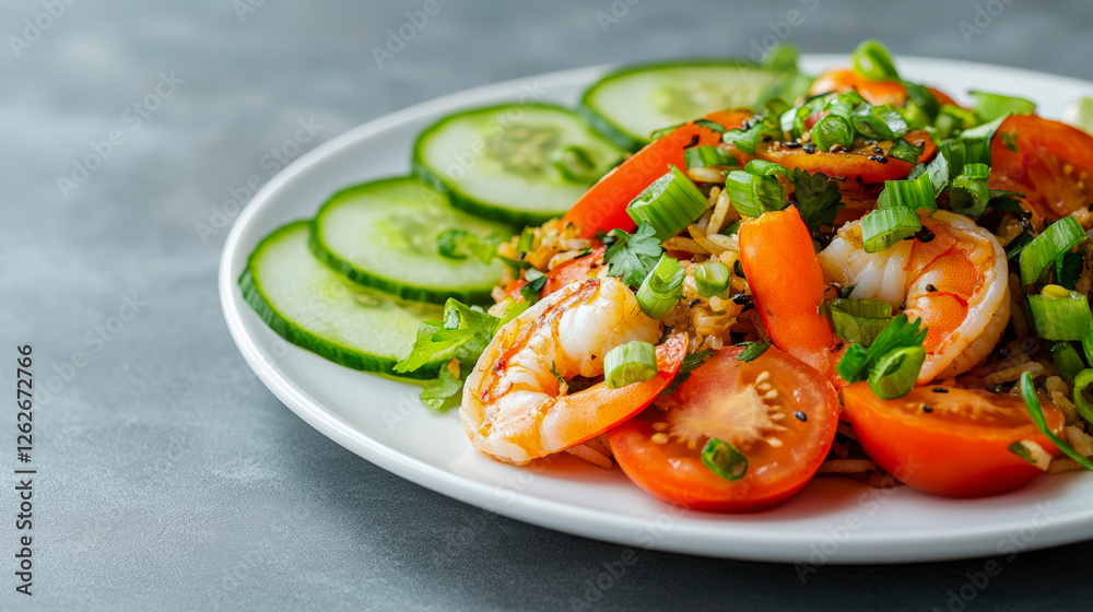 Fresh shrimp salad with juicy tomatoes, crisp cucumbers, and vibrant green onions, offering a healthy and delicious meal option. Fresh shrimp salad with juicy tomatoes, crisp cucumbers, and vibrant green onions, offering a healthy and delicious meal option.