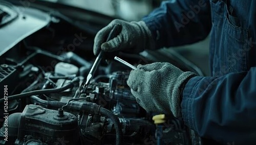 A car mechanic carefully repairs an engine in a vehicle workshop.
