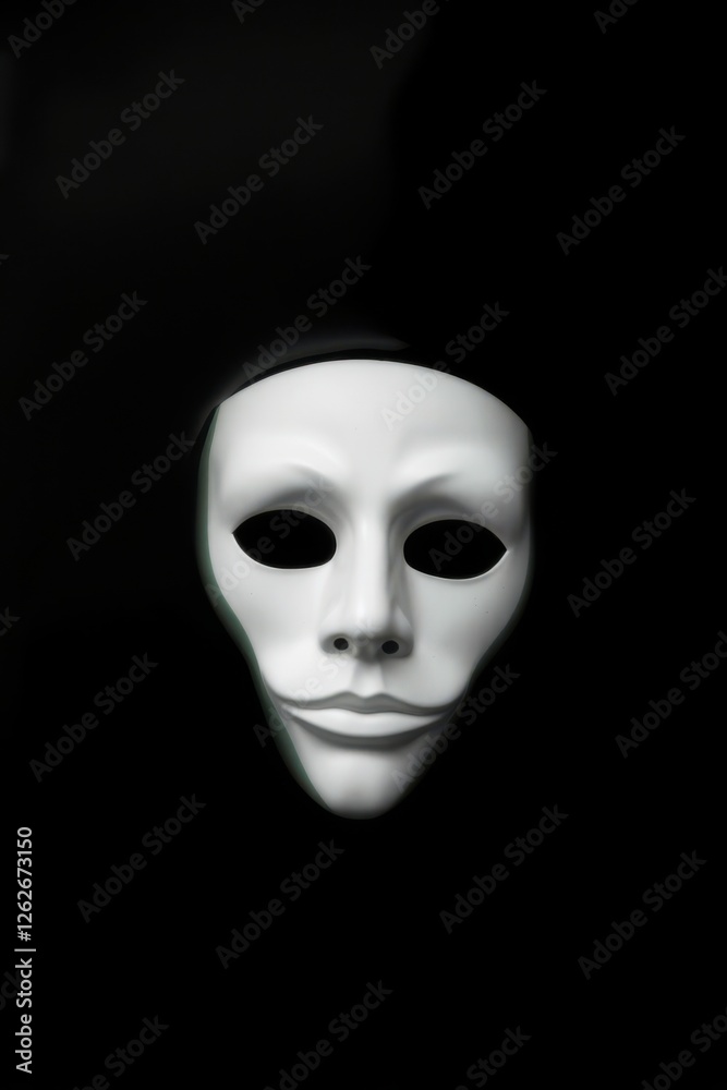 White mask against a black background evokes mystery and anonymity. Simple and stark imagery. White mask against a black background evokes mystery and anonymity. Simple and stark imagery.