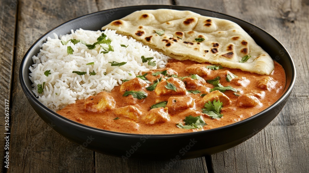 A delicious bowl of chicken curry served with rice and naan on a rustic wooden table A delicious bowl of chicken curry served with rice and naan on a rustic wooden table