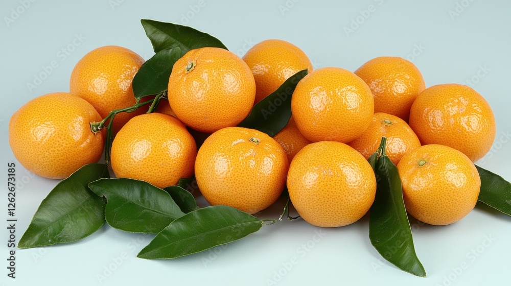 Freshly harvested oranges arranged with green leaves on light background Freshly harvested oranges arranged with green leaves on light background