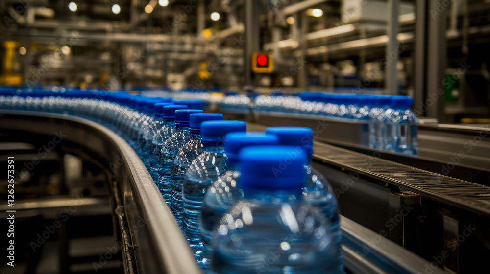 Plastic bottles on an automated factory conveyor, highlighting manufacturing efficiency and sustainable production in the beverage industry. Plastic bottles on an automated factory conveyor, highlighting manufacturing efficiency and sustainable production in the beverage industry.