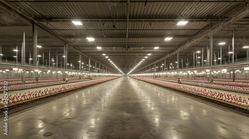 Large industrial poultry farm with rows of chicks under artificial lighting in a spacious facility