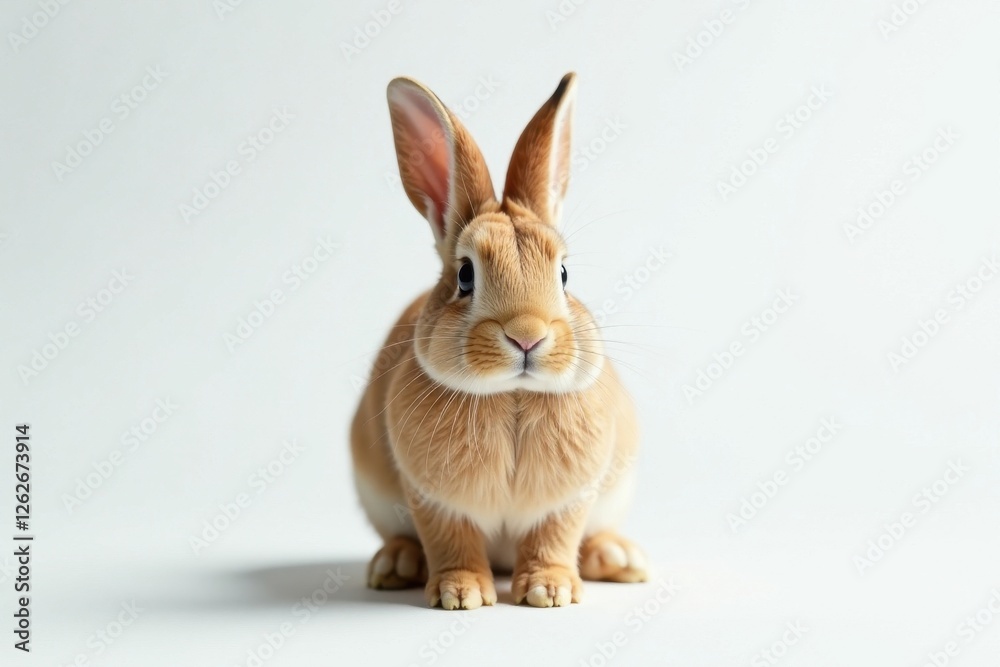 Fototapeta premium One lone brown bunny on pristine white, facing forward, animal, hare