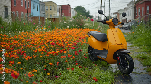 Yellow scooter parked amidst orange flowers, city street background; urban transportation, eco-friendly photo