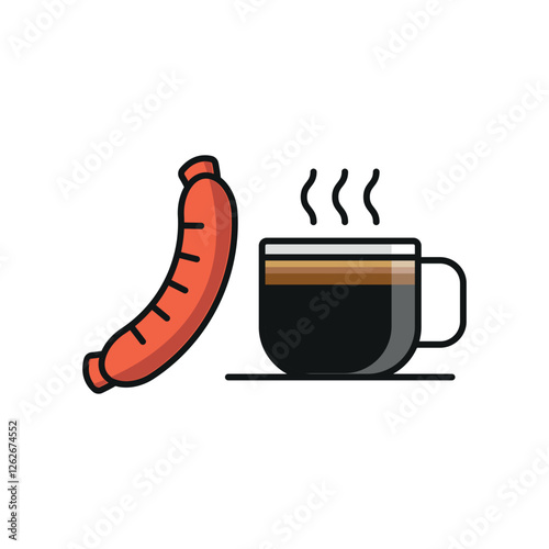 Coffee glass and sausage set food drink icon represents a classic breakfast combo, perfect for café menus, restaurant designs, and morning meal illustrations.