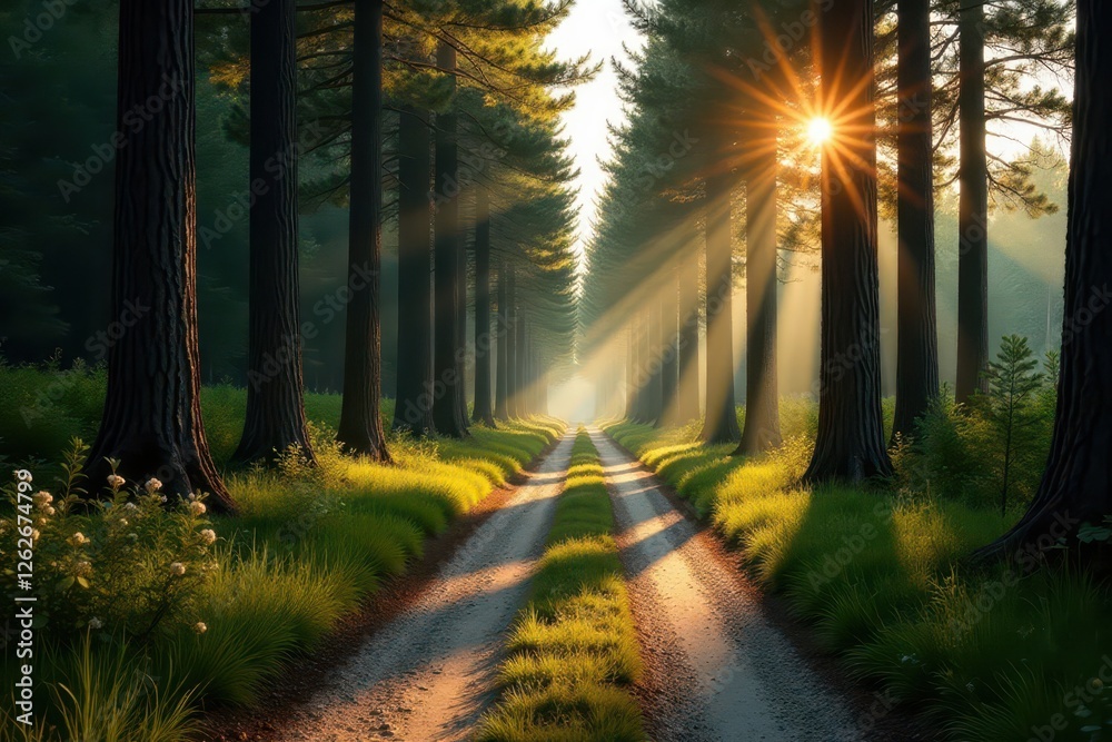Obraz premium Sun-dappled road winds through tall pines, Aegina , Aegina, atmosphere, peaceful