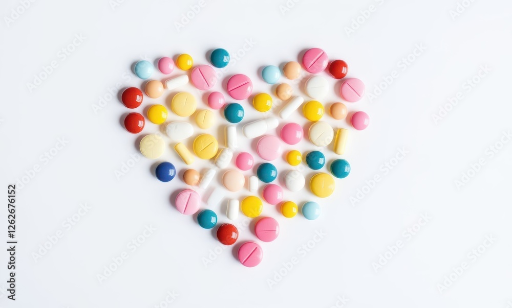 Colorful pills arranged in heart shape Colorful pills arranged in heart shape