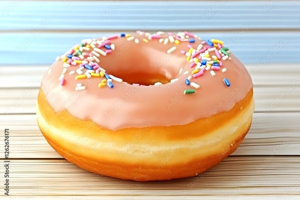Brightly glazed donut topped with colorful sprinkles on a wooden table Brightly glazed donut topped with colorful sprinkles on a wooden table