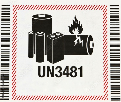 UN3481 Lithium ion battery warning Sticker closeup safety instructions.