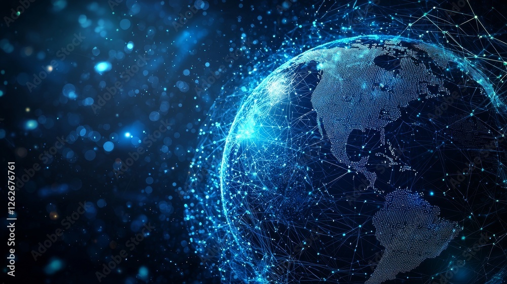 Fototapeta premium The earth shines with digital connections, presenting global data networks in a vivid blue against a dark canvas.