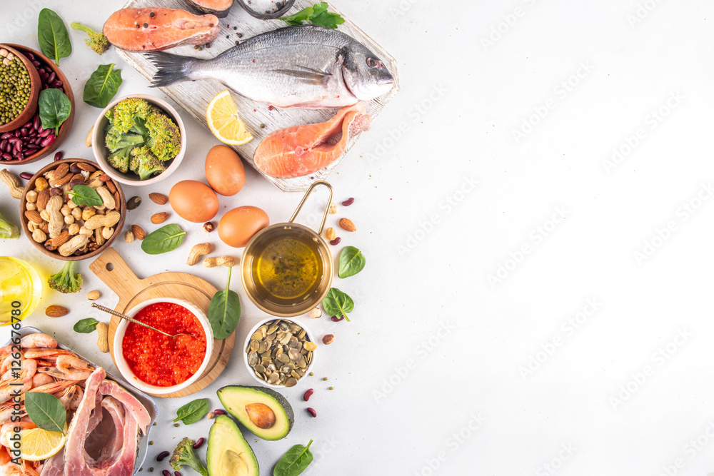 Φωτογραφία Variety food rich in Omega-3, ALA, EPA, DHA healthy fatty acids sources, Animal and vegetable sources of omega3, healthy fats, vitamin and antioxidants
