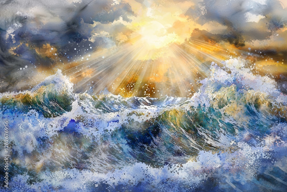 Fototapeta premium A depiction in vibrant watercolors of a huge ocean wave, with dynamic brushwork that imbues a sense of energy, motion, and the raw might of nature