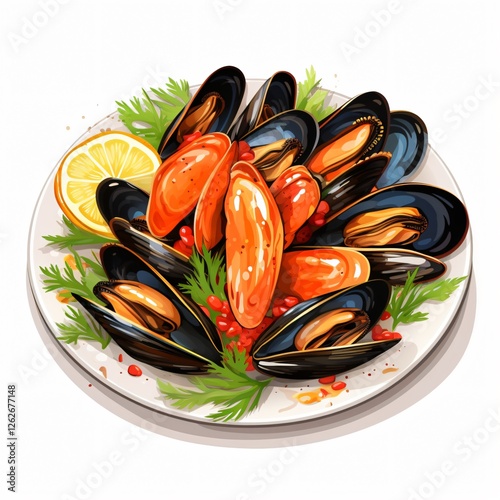 Delicious Mussel Seafood Plate Isolated on White Background