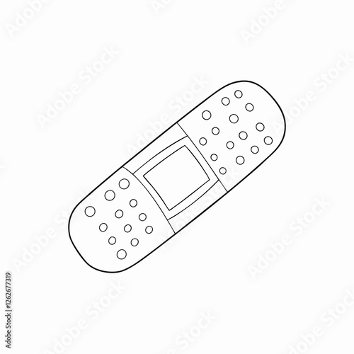 Single adhesive plaster icon with central pad, outlined in minimal style. Symbol of minor wound treatment. Concept: skin care, first aid, medical supplies.