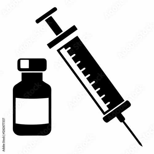 Silhouette of medical syringe and vaccine vial, black on white. Concepts: injection, immunization, healthcare, medical treatment, sterile procedure, vaccination.