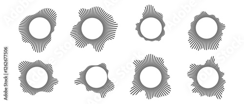 Circular sound waves set, Audio equalizer round wave, Linear rays circular. Vector illustration of isolates on white.
