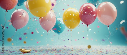 Pastel balloons float, confetti falls, celebration