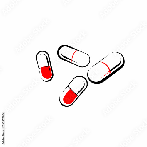 Black and white icon of scattered red and white capsules and tablets. Concepts: medicine, pharmaceutical drug, treatment, dosage, medical care, over-the-counter remedy.