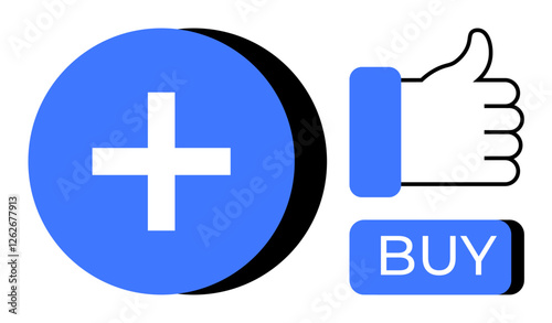 Plus sign in blue circle, thumbs up hand gesture, and blue BUY button. Ideal for social media, marketing, online shopping, digital interaction, user engagement, e-commerce, and promotions. Line