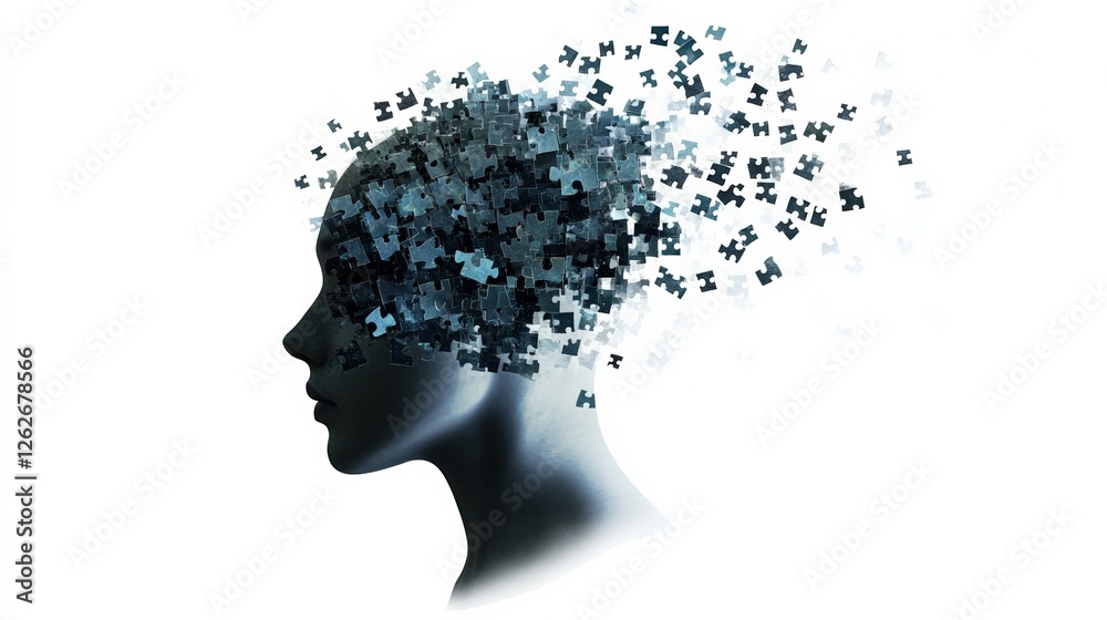 Silhouette of a human head dissolves into scattered puzzle pieces, symbolizing concepts of stress, information overload, and mental burnout. The image conveys themes of cognitive fragmentation Silhouette of a human head dissolves into scattered puzzle pieces, symbolizing concepts of stress, information overload, and mental burnout. The image conveys themes of cognitive fragmentation