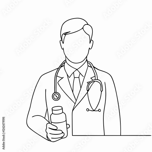 Healthcare professional in lab coat holds medication bottle while wearing stethoscope. Simple medical line drawing. Concept: doctor, healthcare, medicine