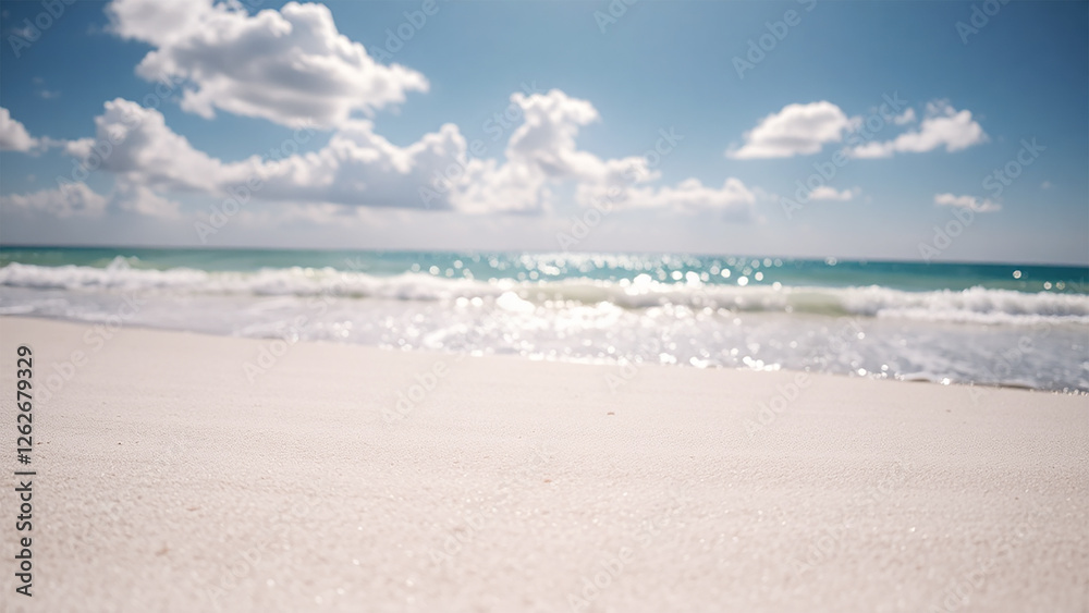white sand beach in background of waves from the turquoise blue sea. Cloudy summer day. A background for lifestyle products, traveling and leisure theme. white sand beach in background of waves from the turquoise blue sea. Cloudy summer day. A background for lifestyle products, traveling and leisure theme.