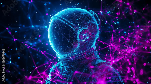 Digital Astronaut in Cyberspace with Neon Lights and Plexus Connections Artwork Creation