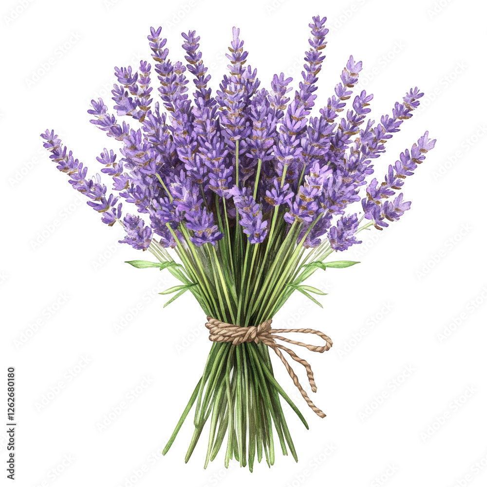 Obraz premium A lavender bouquet tied with rustic twine, soft purple hues, fresh green stems, transparent background, PNG