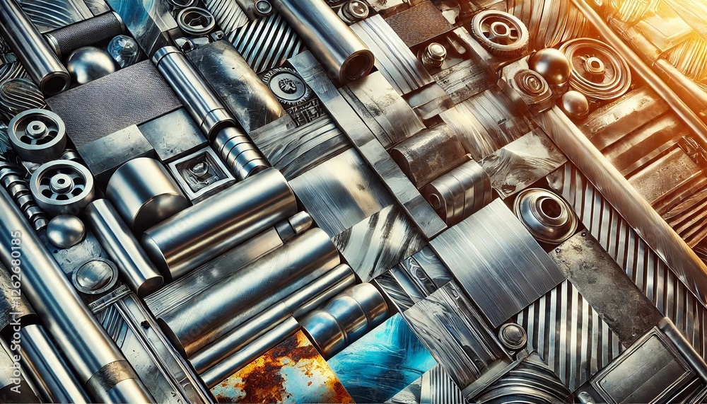 A large, highly detailed close-up of various metal textures, including brushed steel, rusted iron, polished aluminum, and weathered copper A large, highly detailed close-up of various metal textures, including brushed steel, rusted iron, polished aluminum, and weathered copper