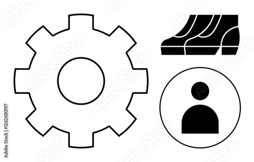 Gear, user profile icon, and staircase outline. Ideal for user settings, mechanics, technology, personal identity, navigation progress career development. Simple abstract line flat metaphor