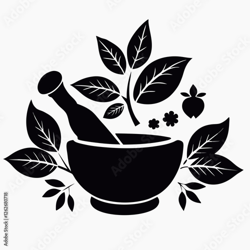 Herbal medicine icon with mortar, pestle, and leafy herbs in bold black silhouette. Represents natural healing methods. Concept: herbal therapy, naturopathy, organic health.