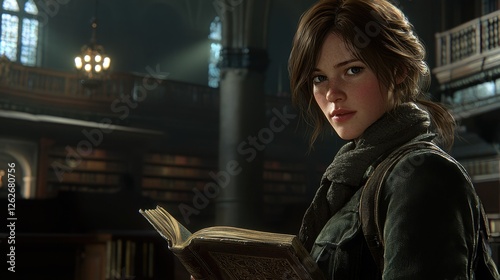Young woman exploring a historic library while holding an ancient book in a dimly lit atmosphere