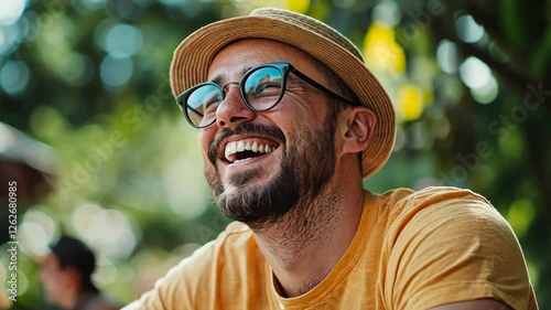 Joyful man wearing glasses and a straw hat smiling warmly in a vibrant outdoor setting surrounded by greenery capturing the essence of happiness and summer vibes