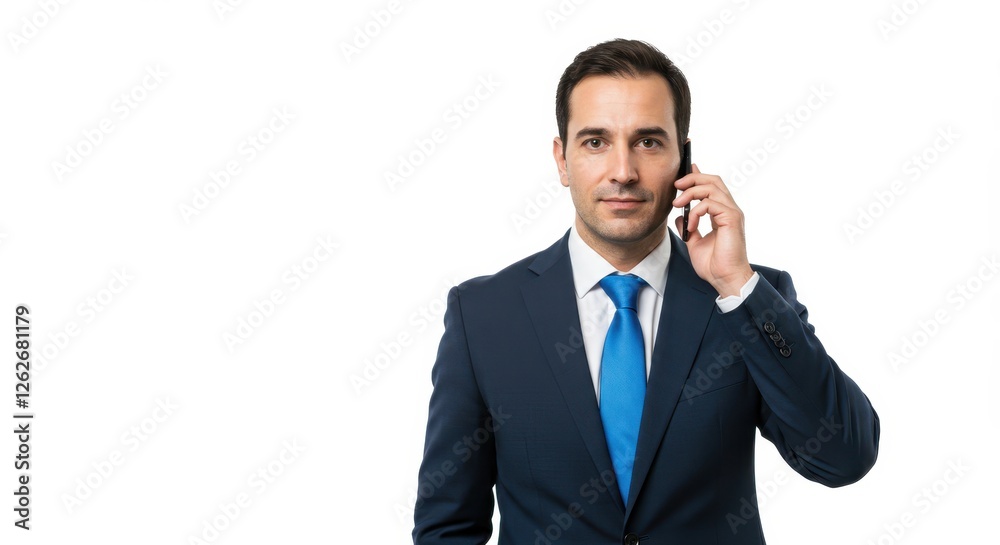 Man in asuit with a blue tie holding a phone to his ear, isolated on a white background. Man in asuit with a blue tie holding a phone to his ear, isolated on a white background.