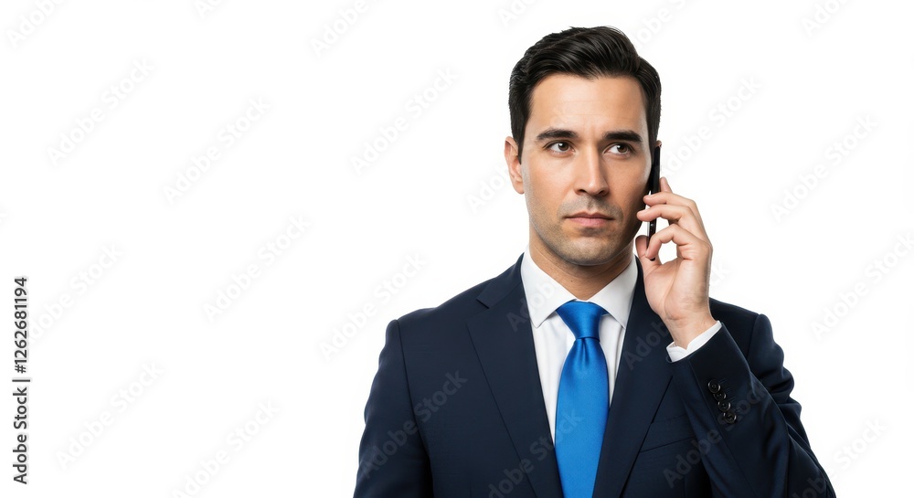 Man in asuit with a blue tie holding a phone to his ear, isolated on a white background. Man in asuit with a blue tie holding a phone to his ear, isolated on a white background.
