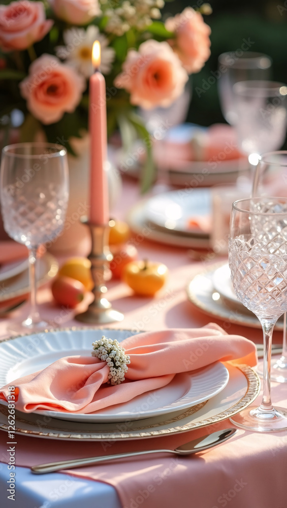 A beautifully styled table is set for an elegant outdoor gathering, bathed in soft, natural light A beautifully styled table is set for an elegant outdoor gathering, bathed in soft, natural light