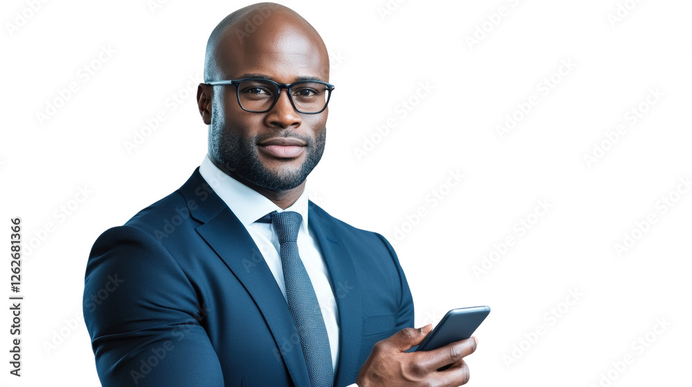 Professional businessman holding smartphone in modern office setting Professional businessman holding smartphone in modern office setting