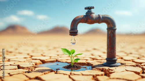 Tropfen aus rostigem Wasserhahn bewässert Pflanze in ausgetrockneter Wüste als Symbol für Wasserknappheit