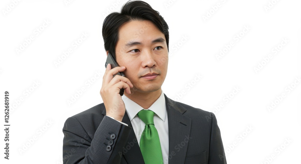 Man in asuit with a green tie holding a phone to his ear, isolated on a white background. Man in asuit with a green tie holding a phone to his ear, isolated on a white background.