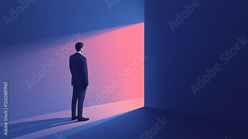 A minimalist illustration of a person moving a logo from left to right, geometric and sleek design, cool blue and gray color palette