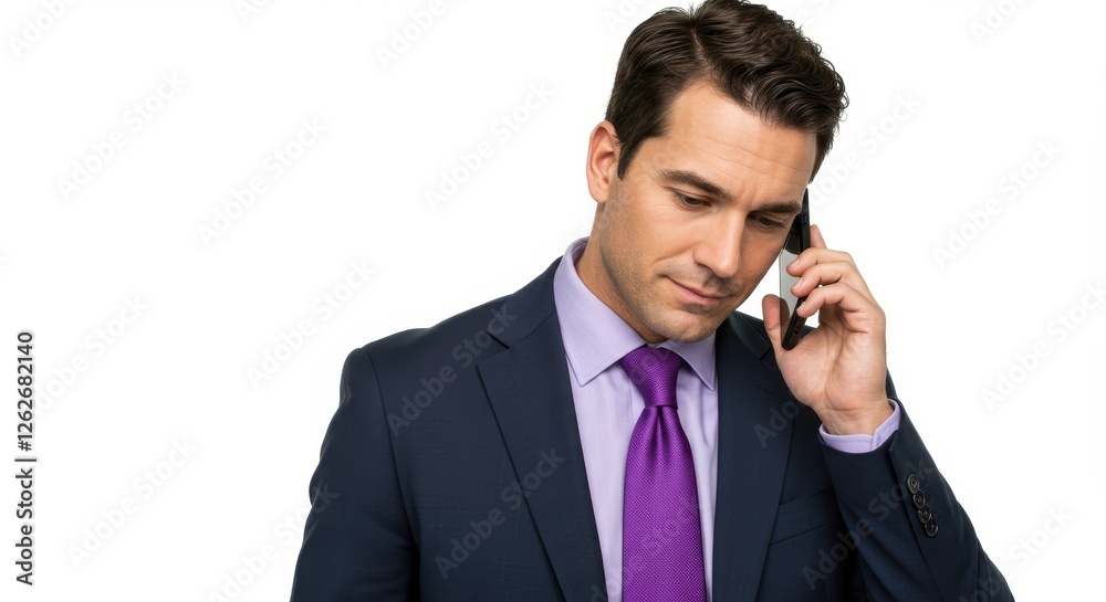 Man in asuit with a purple tie holding a phone to his ear, isolated on a white background. Man in asuit with a purple tie holding a phone to his ear, isolated on a white background.
