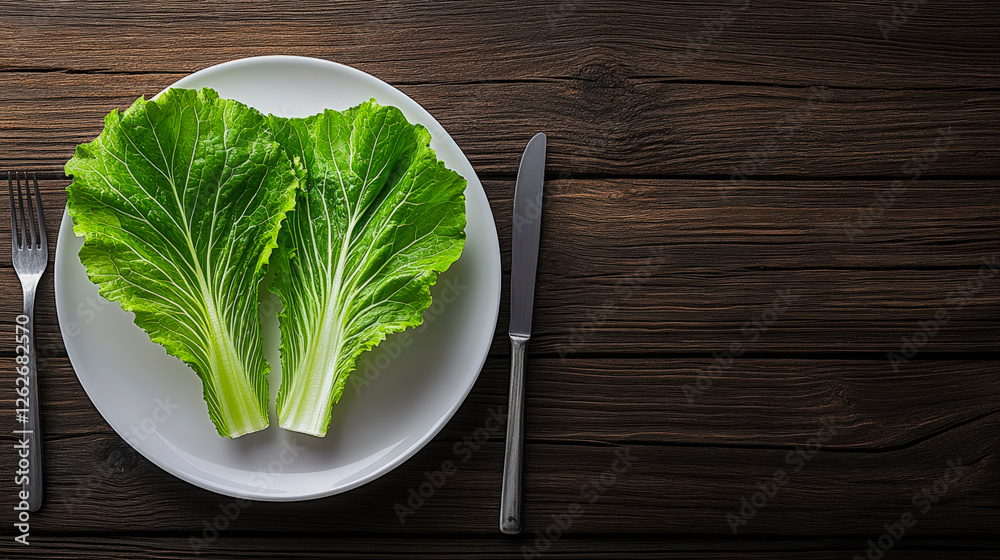 Fresh green lettuce on white plate with rustic wooden background, perfect for healthy recipes and organic dining inspiration. Fresh green lettuce on white plate with rustic wooden background, perfect for healthy recipes and organic dining inspiration.